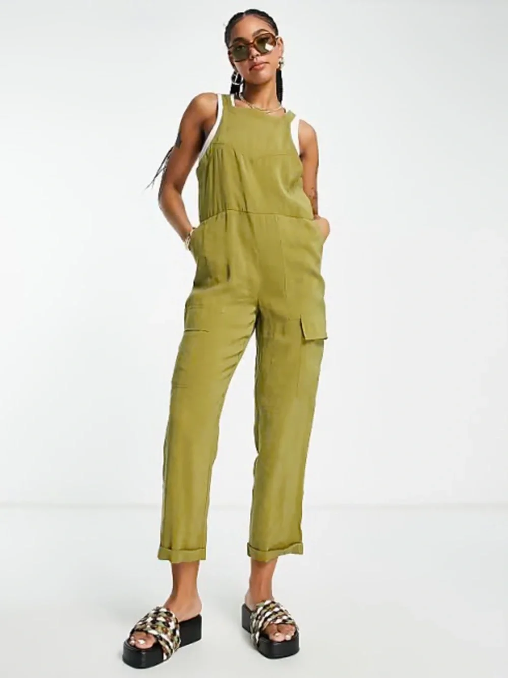 TopShop Olive Green Utility Cargo Lightweight Sleeveless Jumpsuit Sz 4 Boho